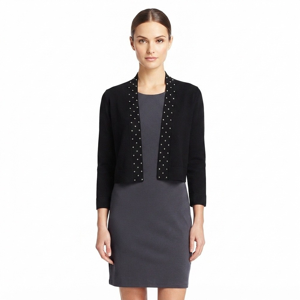 Andrea Jovine Cardigan Womens PM Black Pearl Studs Cropped Open Front PM Petite